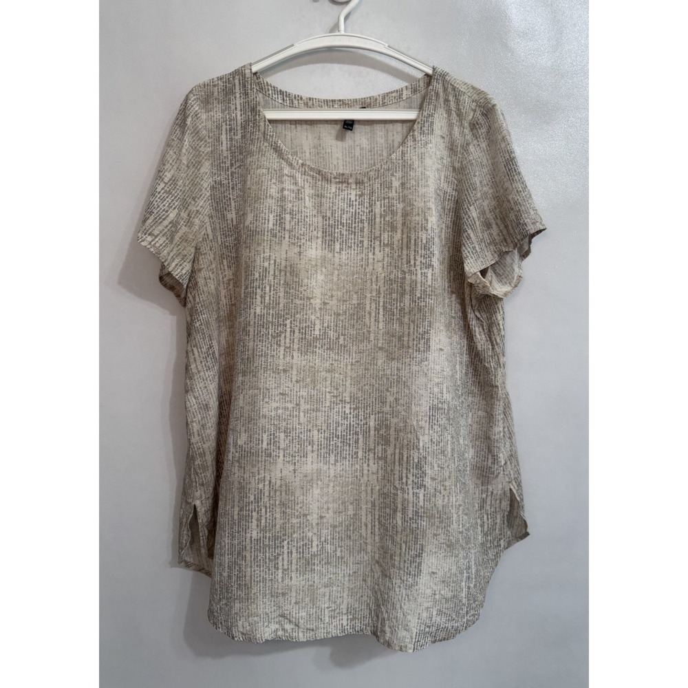 Eileen Fisher XL Gray Ivory Tan 100% Silk Short Sleeve Abstract Blouse F6MTO-3